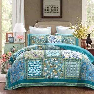 Cotton Soft Bedding Boho Quilt with Decorative Floral Print Patchwork Design Bed Cover Skirt 3 Pieces sets