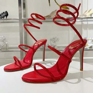 Zapatos de Diseñador de Moda, Sandalias de Tacón Alto Rojas con Tiras en el Tobillo, Sandalias Populares para Mujer, Sandalias de Tacón Delgado - Product Image 5