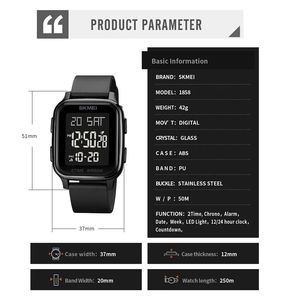 Montre-bracelet électronique pour homme <span class=keywords><strong>SKMEI</strong></span> <span class=keywords><strong>1858</strong></span>, étanche 5 bars, calendrier, compte à rebours, horloge, reloj hombre, mode, lumière LED, montre numérique - Product Image 6