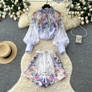 Ensemble 2 pièces vintage d'automne pour <span class=keywords><strong>femme</strong></span> : haut à manches lanternes et short imprimé – Vente en gros - Product Image 1