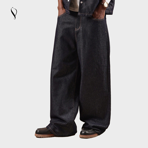 Nhà sản xuất thiết bị gốc (OEM) - Quần áo đường phố chất lượng cao, kiểu retro đen, thiết kế tùy chỉnh, nhẹ, viền xù, dáng rộng, phong cách Nhật Bản - Product Image 1