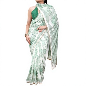 Women White Cotton <b>Saree</b> With Black Hand Drawn Floral Print Traditional Indian Casual Wear Floor Length Regular Fit - Product Image 1