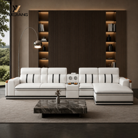 Canapé d'angle électrique moderne en cuir véritable beige avec appui-tête réglable, console et rangement, écologique, trois places