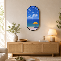 Jam Dinding Porselen Kristal HD Motif Pantai, Lukisan Langit Biru dan Payung Pantai untuk Hotel