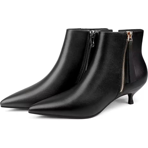 Usine en gros hiver noir femmes en <span class=keywords><strong>cuir</strong></span> talons bas bout pointu fermeture éclair latérale court <span class=keywords><strong>bottines</strong></span> bottes chaussures - Product Image 2