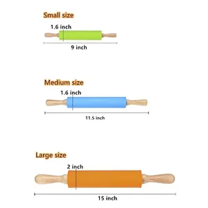 1/4Pcs Non-Stick <b>Silicone</b> Rolling Pin Wooden Handle Pastry Dough Flour Roller Kitchen Cooking kid <b>Baking</b> Tool For Pasta Dough - Product Image 2