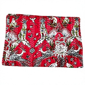 Handmade Tiger and Birds Printed Kantha Quilt Red Bohemian Floral Pattern All Season Home Decor - Product Image 1
