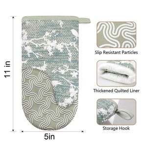 Paires de gants de four en silicone antidérapants à motif d'oiseaux, verts, pour cuisine, barbecue et cuisson, avec maniques en coton - Product Image 4