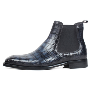 Botas Chelsea de <span class=keywords><strong>Hombre</strong></span> con Punta Cuadrada, Estilo Italiano, de Piel Genuina Pintada a Mano con Pátina <span class=keywords><strong>Azul</strong></span> <span class=keywords><strong>Marino</strong></span>, Suela de Cuero, Estilo Cocodrilo de Lujo - Product Image 2