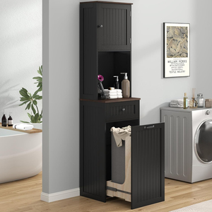 Mobiletto Estraibile per Pattumiera con Presa di Corrente, Contenitore per Rifiuti in Legno Alto 180 cm per Cucina e Lavanderia con Vano Portaoggetti - Product Image 4