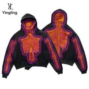 Yingling French Terry personnalisé imprimé sur toute la surface sweat lavé Dtg imprimé squelette partout sweat à capuche imprimé - Product Image 1
