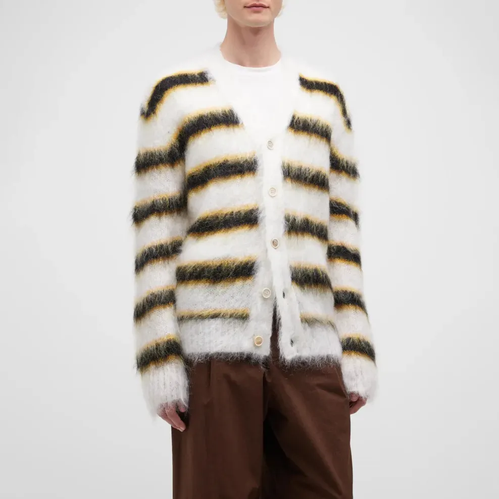 factory wholesale custom fashion luxury designer brand striped fuzzy mohair cardigan sweater men