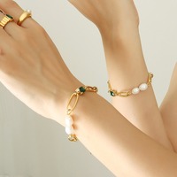 Gentle Temperament Retro Emerald Zircon Fresh Water Pearl Link Chain Necklace Set Link Chain Pearl Zircon Necklace Bracelet Set