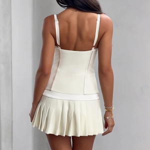 Robe Courte d'Été Blanche Personnalisée pour Femme, Col Carré, Décor Nœud, Bustier Cami, Jupe Plissée, Style Preppy - Product Image 4