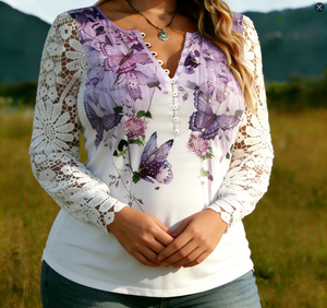 Blusa Holgada de Verano para Mujer, Estilo Europeo, Sexy, con Encaje, Manga Larga, Talla Grande, Diseño Floral, Informal, de Fibra de Leche, Joyinspring - Product Image 3