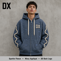 Sweat à capuche zippé personnalisé en molleton bleu ardoise scintillant avec appliqué ondulé, 480 g/m², logo 3D au dos, coupe oversize pour marques, fabricant OEM ODM