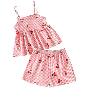 Conjunto <span class=keywords><strong>de</strong></span> 2 piezas <span class=keywords><strong>de</strong></span> verano <span class=keywords><strong>para</strong></span> niñas, lindo traje a cuadros con estampado <span class=keywords><strong>de</strong></span> cerezas, top sin mangas y pantalones cortos, ropa casual. - Product Image 2