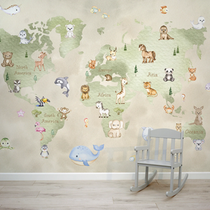 Carte du monde avec animaux, papier peint mural non tissé, décoration murale personnalisable, moderne, pour bibliothèque préscolaire, café pour enfants, aire de jeux, durable - Product Image 2