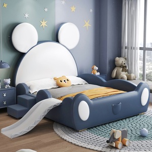 Lit enfant en bois massif style grandes oreilles JS, avec <span class=keywords><strong>sommier</strong></span> à <span class=keywords><strong>lattes</strong></span> en bois, ensemble de meubles de chambre en cuir souple - Product Image 2