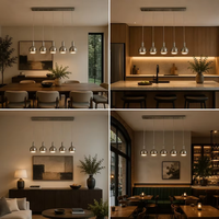 Lustre suspendu linéaire moderne à 5 lumières, nickel brossé, globe, hauteur réglable, tension universelle, OEM/ODM pour salle à manger et cuisine