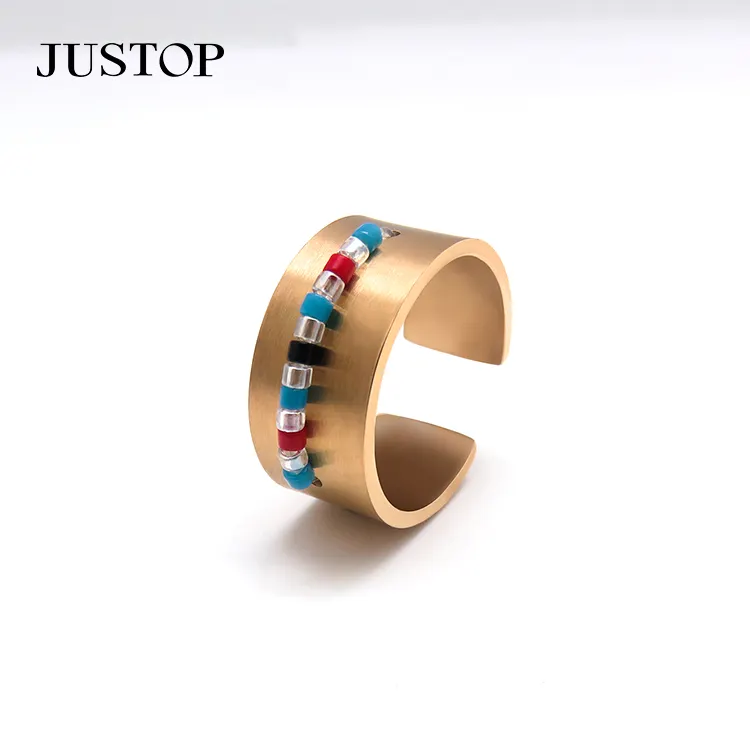 Women Girls 18K Gold Plated Beaded Ring Stainless Steel Bead Design Band Finger Rings