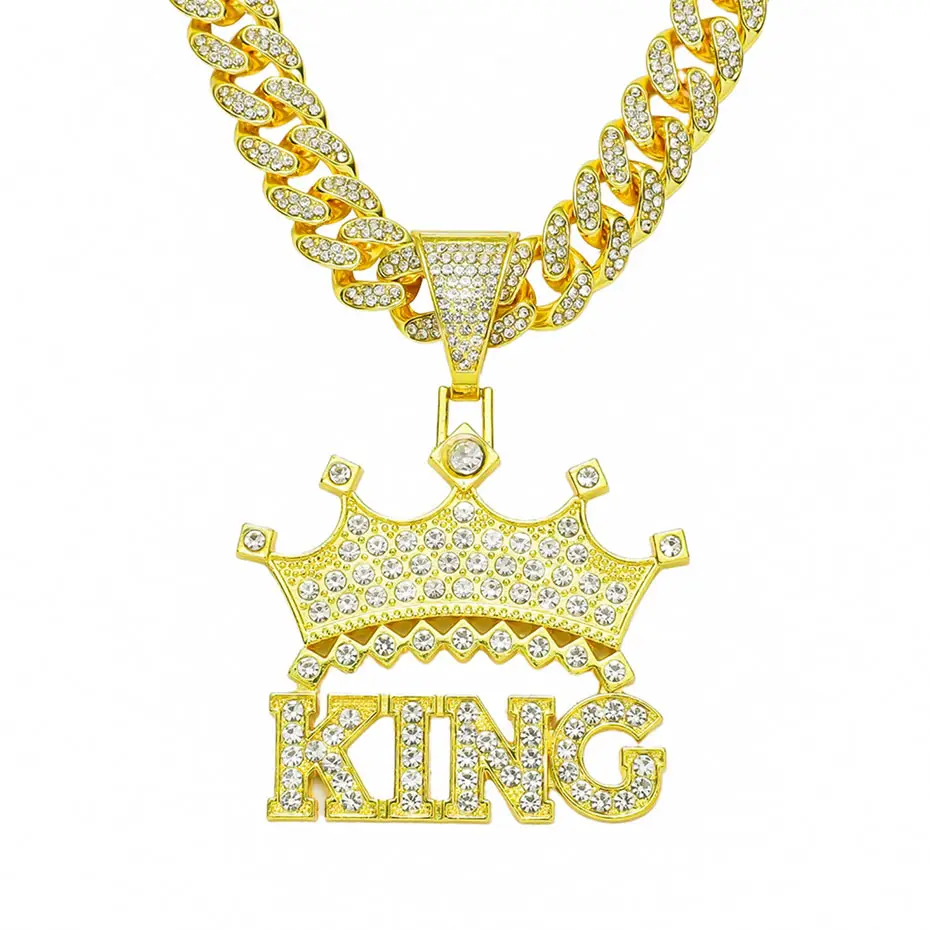 Fashion Hip Hop Jewelry Full Diamond Heavy Bling Iced Out Crown King Pendant Necklace Tennis Chain for Men Women