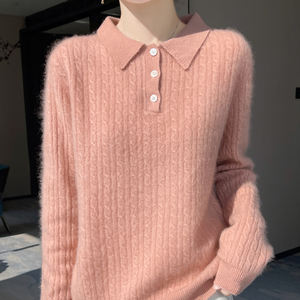 100% צמר טהור כבל לנשים לסרוג שרוול ארוך עבור הסוודר פונה צווארון אפור למטה לחצן העליון - Product Image 5