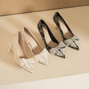 Zapatos de tacón con punta en pico y lazo, con pedrería, de encaje, formales, para mujer, estilo sin cordones 8599B-173 - Product Image 2