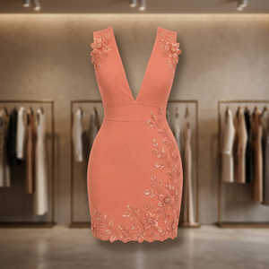 Vestido de Noche Formal Mini sin Mangas con Cuello en V, Satinado, con Apliques Florales 3D, Ajustado, para Fiesta - Product Image 1