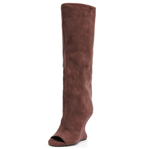 Botas de tacón alto de cuña para mujer, de ante, hasta la rodilla, con punta abierta, colores personalizados, para verano - Product Image 6
