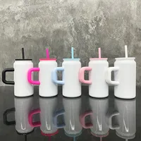 Gobelets isothermes en acier inoxydable blancs pour sublimation, 16 oz, pour canettes de soda et de bière, avec poignée colorée