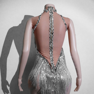 Combinaison à franges en strass argenté métallisé Ice Queen pour spectacle de scène, showgirl, diva, drag queen, disco, rave, costume de danseuse - Product Image 5