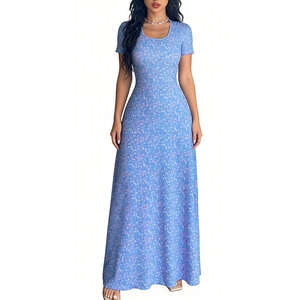 Women's Floral Print Short Sleeve Maxi Dress - <b>Tie</b> <b>Back</b> Bodycon Casual Dresses Fashion - Product Image 3