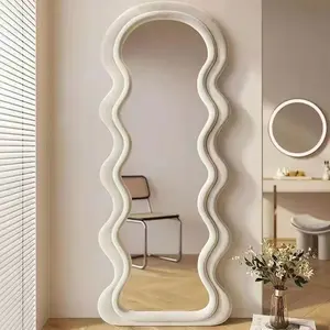 意大利风格北欧植绒框架大尺寸波浪设计镜子地板站立时髦可爱创意波浪天鹅绒全长镜子