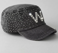 Cappello Cadet di Lusso Etnico a 5 Pannelli in Denim Vintage con Logo Personalizzato in Strass, Berretto Piatto Unisex alla Moda Casual