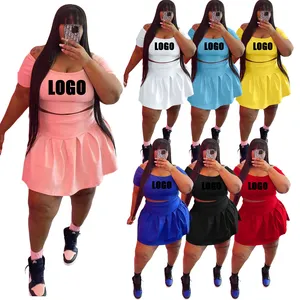 Zomer Gezellig Outfit Hoge Kwaliteit Custom Logo Casual Effen Dames Off Shoulder S-5XL Plus Size Top + Rok 2 Delige Dames Set