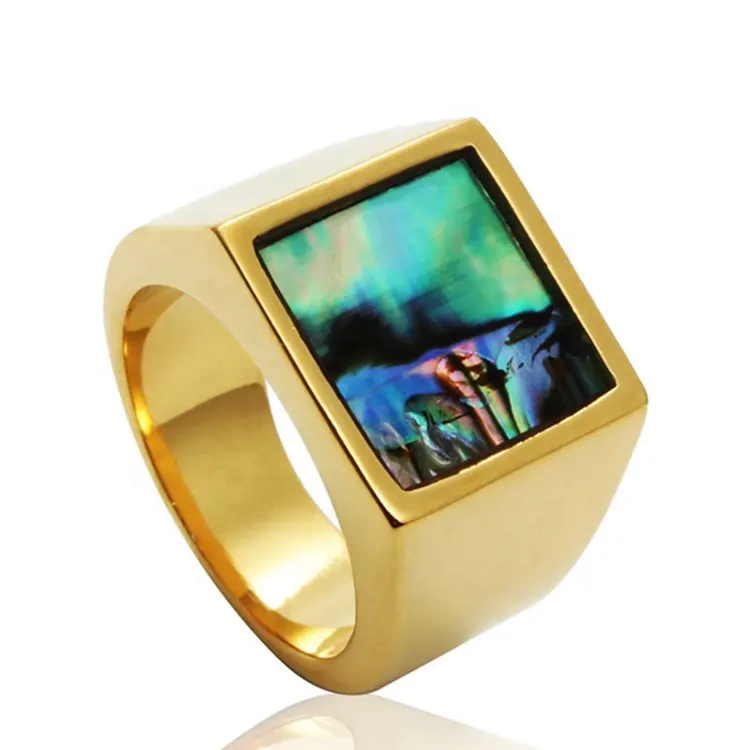 Fashionable stainless steel abalone shell square rectangular bar gold plated men signet ring designs for boys