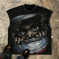 Camiseta sin mangas vintage para hombre, 300 g/m², con remaches, estampado gráfico de retrato, cuello redondo, estilo casual, venta al por mayor