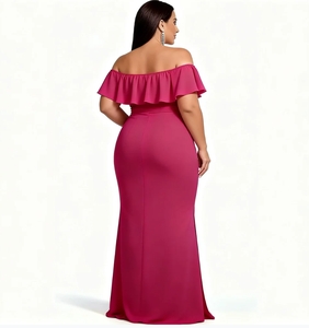 <span class=keywords><strong>Vestido</strong></span> de <span class=keywords><strong>Dama</strong></span> de Honor Talla Grande <span class=keywords><strong>Color</strong></span> <span class=keywords><strong>Magenta</strong></span> con Hombros Descubiertos - <span class=keywords><strong>Vestido</strong></span> Formal de Gasa con Volantes y Abertura Alta <span class=keywords><strong>para</strong></span> Eventos Nocturnos - Product Image 5