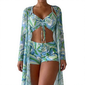 Wholesale Summer Abstract Print <b>3</b>-<b>Piece</b> Swimwear Ruched Drawstring <b>Bikini</b> Set with Matching Long Mesh Cover Up Cardigan - Product Image 4