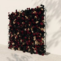Backdrop dinding bunga sutra mewah 8ftx8ft warna hitam, burgundy & emas untuk pernikahan bergaya Gotik yang megah, juga cocok untuk acara-acara.