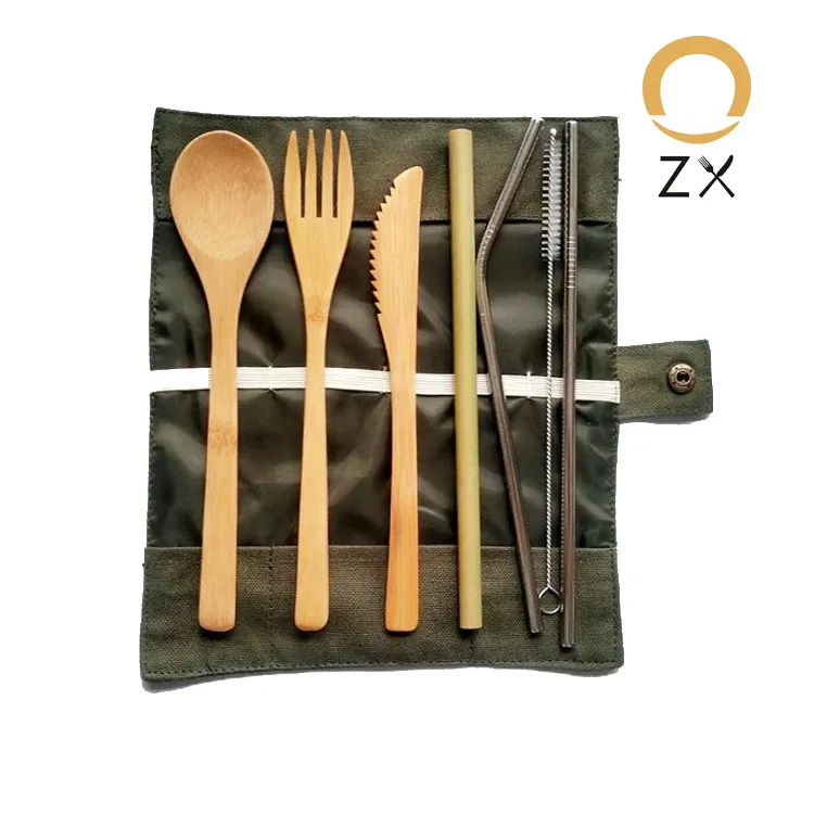 High Quality Eco Friendly Nature Knife Toothbrush Straw Brush Fork Chopstick Spoon Dinner Bamboo Cutlery Set With Bag