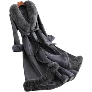 Women Lady Real Rabbit Fur&Leather Warm Long Jacket Fox Fur Collar Winter Luxury Coat Overcoat Parka JT3301