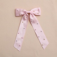 Barrette à cheveux de style français de 5,5 pouces, grande pince à cheveux en satin superposé, nœuds colorés en perles pour femmes et filles, longs nœuds en ruban noir