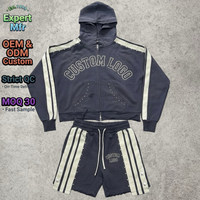 Conjunto de Sudadera con Capucha Corta y Pantalones Cortos para Hombre, Estilo Y2K Streetwear, Personalizado, de Alto Gramaje, con Lavado Ácido, Pedrería y Efecto Desgastado, con Cremallera