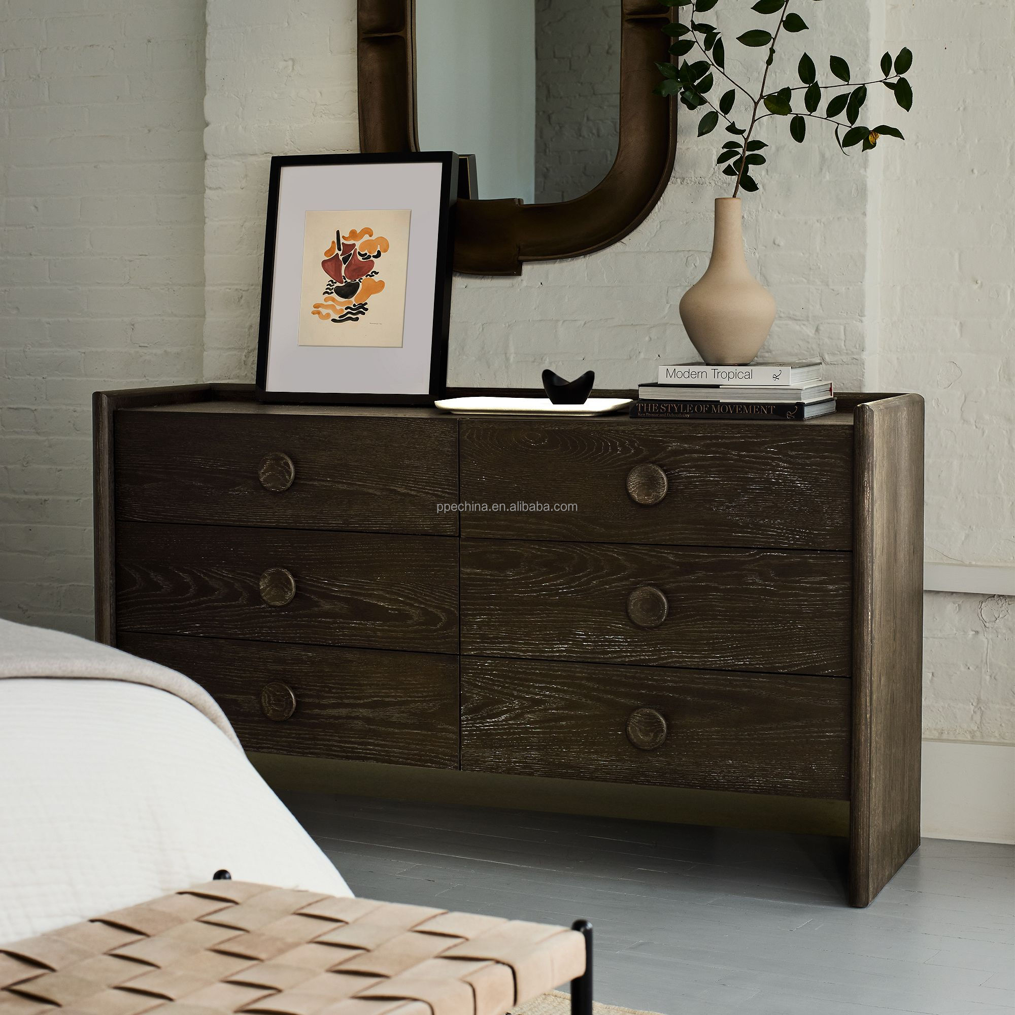 High Quality Oak Cabinet Wooden Material Solid Wood Cabinet Modern Style 6-Drawer Dresser Living Room Furniture for Home