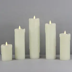 Set Of 5 3D Real Flame LED Pillar Candles Dripping Paraffin Wax Flameless Candle With Remote Control