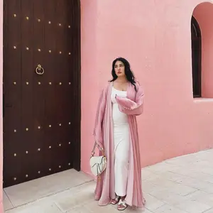 Thời Trang Satin Sáng Cardigan Áo Dubai Thổ Nhĩ Kỳ Phụ Nữ Đảng Belted Kimono Abayas Ma-rốc Xaudi Kaftan Hồi Giáo Eid