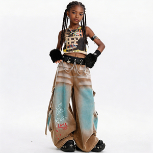 Conjunto de Dos Piezas Personalizable para Niñas, Chaleco con Estampado <span class=keywords><strong>Laya</strong></span>, Jeans Degradados, Ropa de Baile Hip Hop con Cadenas - Product Image 1