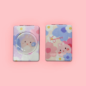 カスタムロゴ入り高級ピンクうさぎミラー、キュートなポケット折りたたみ式PUレザー、ステッカー装飾、水の流砂メイクアップミラー（女の子向け） - Product Image 4